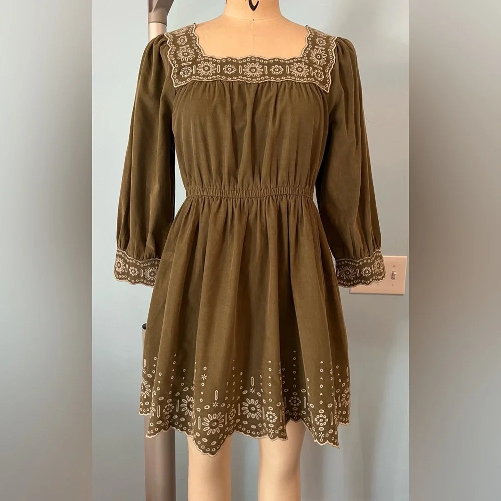 NWT Madewell Embroidered Corduroy Square-Neck Mini Dress - Green - Medium Petite - Picture 6 of 11